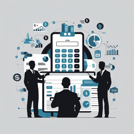 Group of business people with mobile phone and infographics. Vector illustrationの写真素材