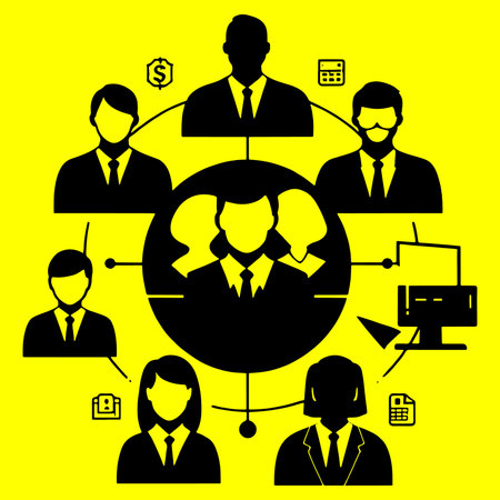 Vector illustration of a group of business people around the world on a yellow backgroundのイラスト素材