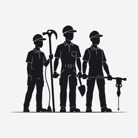 Construction workers with tools. Black silhouettes on white background. Vector illustration.の写真素材