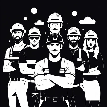 Group of construction workers. Black and white vector illustration on black background.の写真素材