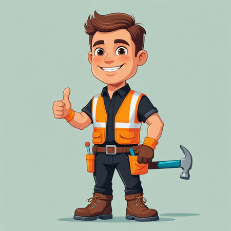 Cartoon handyman holding a hammer and showing thumbs up. Vector illustration.の写真素材