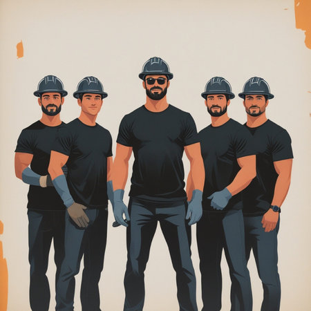 Group of construction workers in uniform. Vector illustration in vintage style.の写真素材