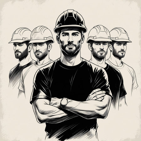 Group of construction workers. Hand drawn vector illustration in sketch style.の写真素材