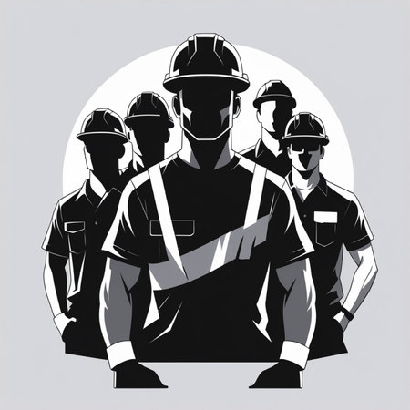 Group of construction workers with hard hats and helmets. Vector illustration.の写真素材