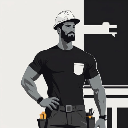 Vector illustration of a man in a construction helmet and overalls.の写真素材