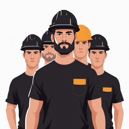 Team of builders in hardhats and helmets. Vector illustration.の写真素材