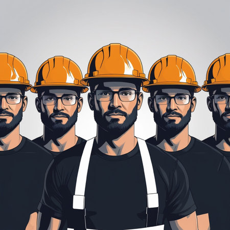 Group of construction workers in helmets and overalls. Vector illustration.の写真素材