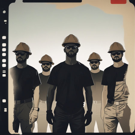 illustration of a group of construction workers standing in front of a film stripの写真素材