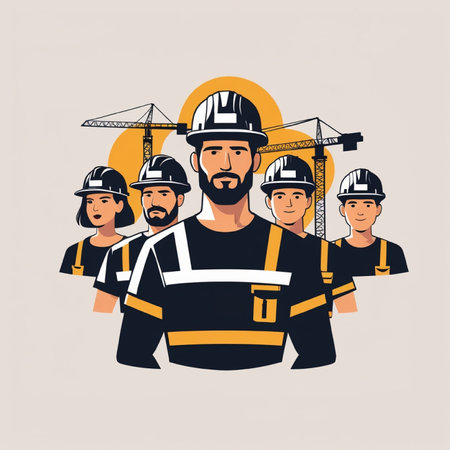 Group of construction workers with helmets and hard hats. Vector illustration.の写真素材