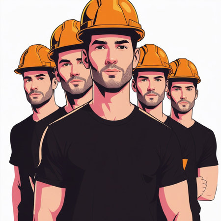 Group of workers in hardhats. Vector illustration in retro style.の写真素材