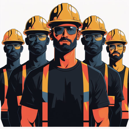 Group of construction workers with hard hats and glasses. Vector illustration.の写真素材