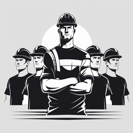 Group of construction workers. Vector illustration in black and white colors.の写真素材