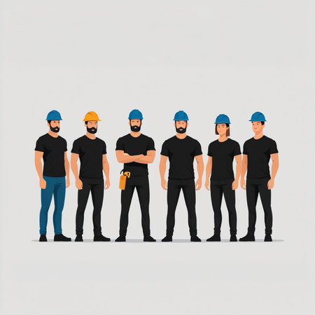 Group of construction workers standing in line. Vector illustration in flat styleの写真素材