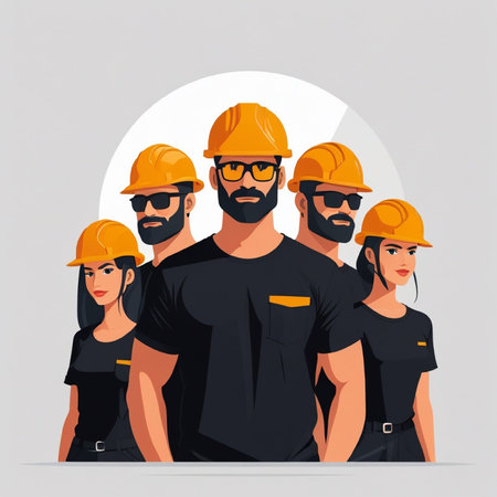 Team of construction workers. Vector illustration in a flat style on a gray background.の写真素材