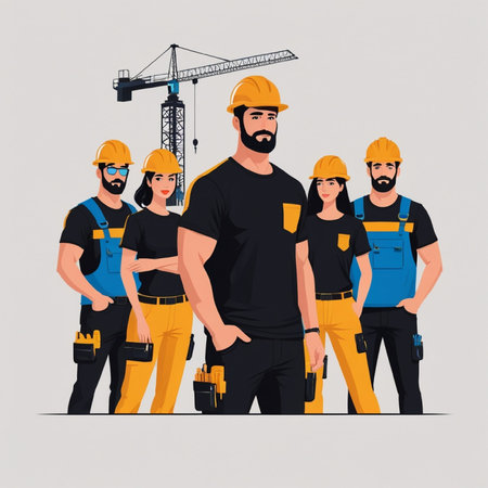 Vector illustration of workers in a black uniform and protective helmets.の写真素材