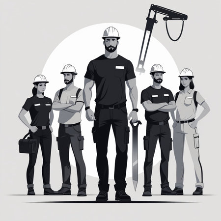 Vector illustration of a team of builders. Group of workers in uniform.の写真素材