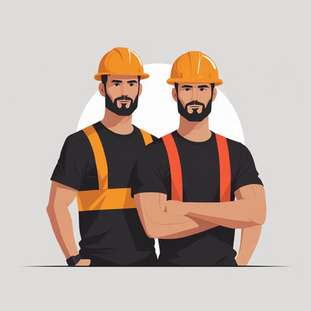 Vector illustration of two builders in hardhats. Teamwork concept.の写真素材