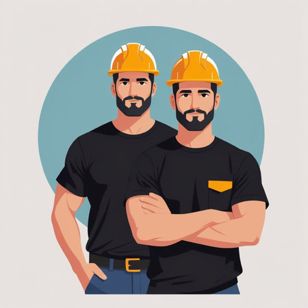 Vector illustration of two workers in hardhats with crossed arms.の写真素材