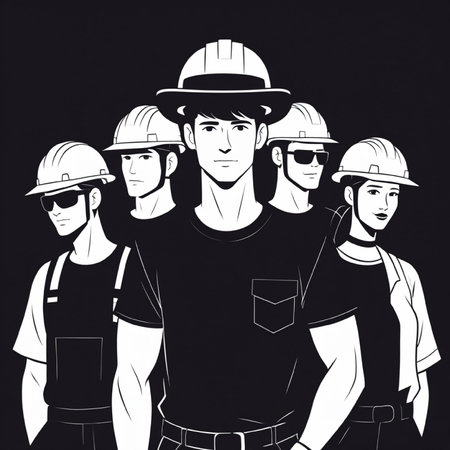 Group of workers in uniform and hardhats. Vector illustration.の写真素材