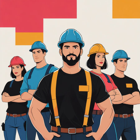 Team of construction workers in uniform. Vector illustration in retro style.の写真素材