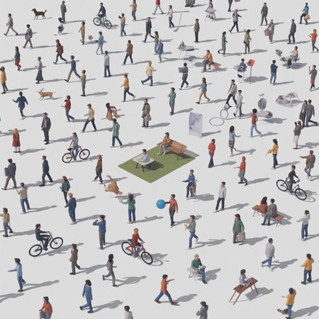 Aerial view of a group of people in a public park.の写真素材