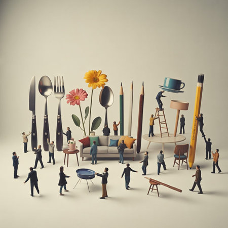 Business people standing in front of the table with tools and objects.の写真素材