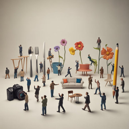 Miniature people standing in front of a table with a camera and a chairの写真素材