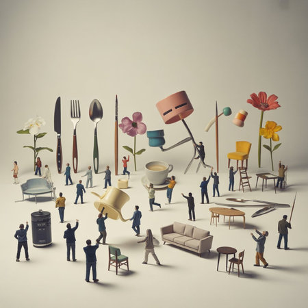 miniature people with coffee table and cutlery on white backgroundの写真素材