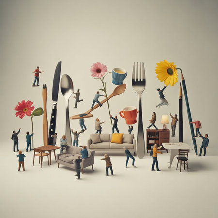 Miniature people working in the coffee shop. 3d illustration.の写真素材