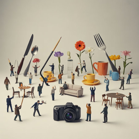 Group of small people around the table with a cup of coffeeの写真素材