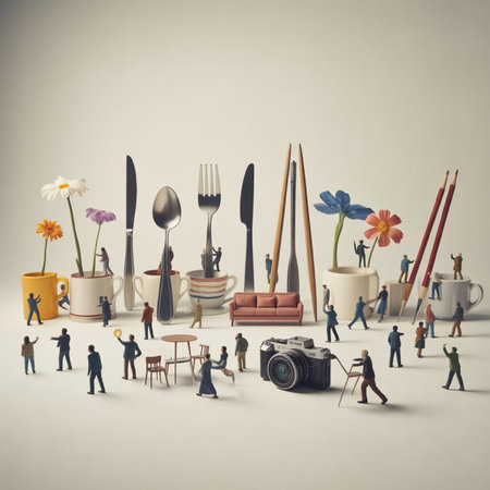 Miniature people with objects and tools. Minimalism concept.の写真素材