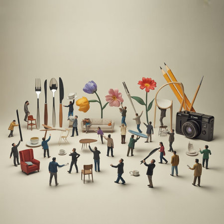 miniature people around table with retro camera and other objects on white backgroundの写真素材