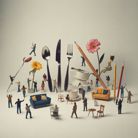 miniature people with coffee cup, spoon, fork and knifeの写真素材