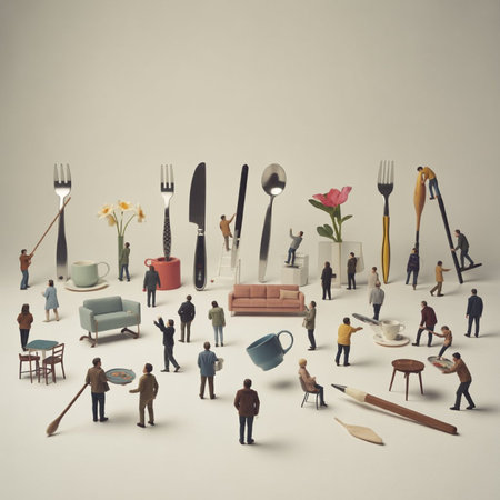 Miniature people and tableware on white background. Conceptual image.の写真素材