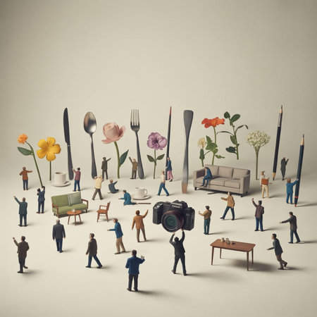 miniature people with various objects on white background, retro tonedの写真素材