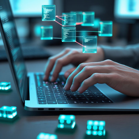 Businessman working on laptop computer in modern office. 3D rendering