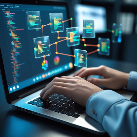 close up of woman hands working with laptop and coding concept on screen