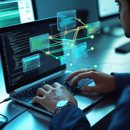 businessman working with laptop in modern office and social network diagram on screen