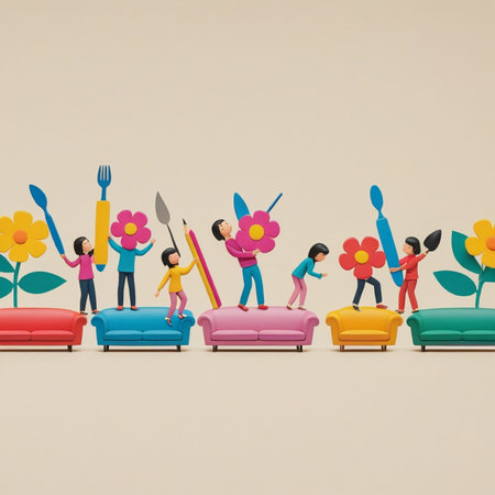 Sofa with garden tools and small people. Vector illustration.の写真素材