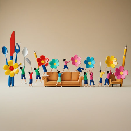 Miniature people on sofa with flower and cutlery. Family conceptの写真素材