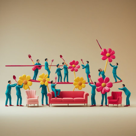 Teamwork concept. Business people with red and yellow flowers around sofa.の写真素材