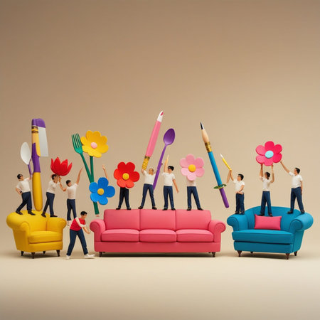 Miniature people : Group of business people standing on sofa and holding flowers.の写真素材