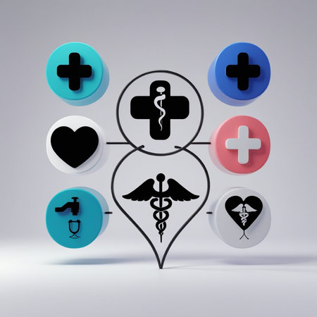 Medical icons in a circle on a gray background. Vector illustration.