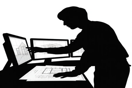 Vector silhouette of a man working on a computer. Isolated on white background.の写真素材