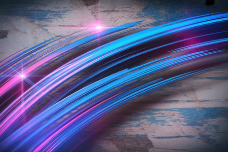 abstract background with blue and pink neon lights on grunge wallの写真素材