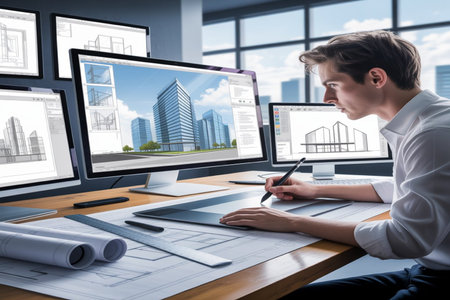 Architect working on graphic tablet at desk against modern room overlooking city