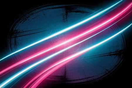 abstract background with blue and pink neon lines on dark scratched backdrop