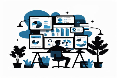 Businessman working on computer in office. Flat design vector illustration.