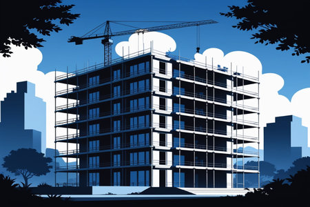 Construction of a modern multi-storey residential building. Vector illustration
