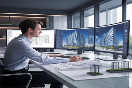Businessman sitting at desk in modern office with computer monitors and city view.